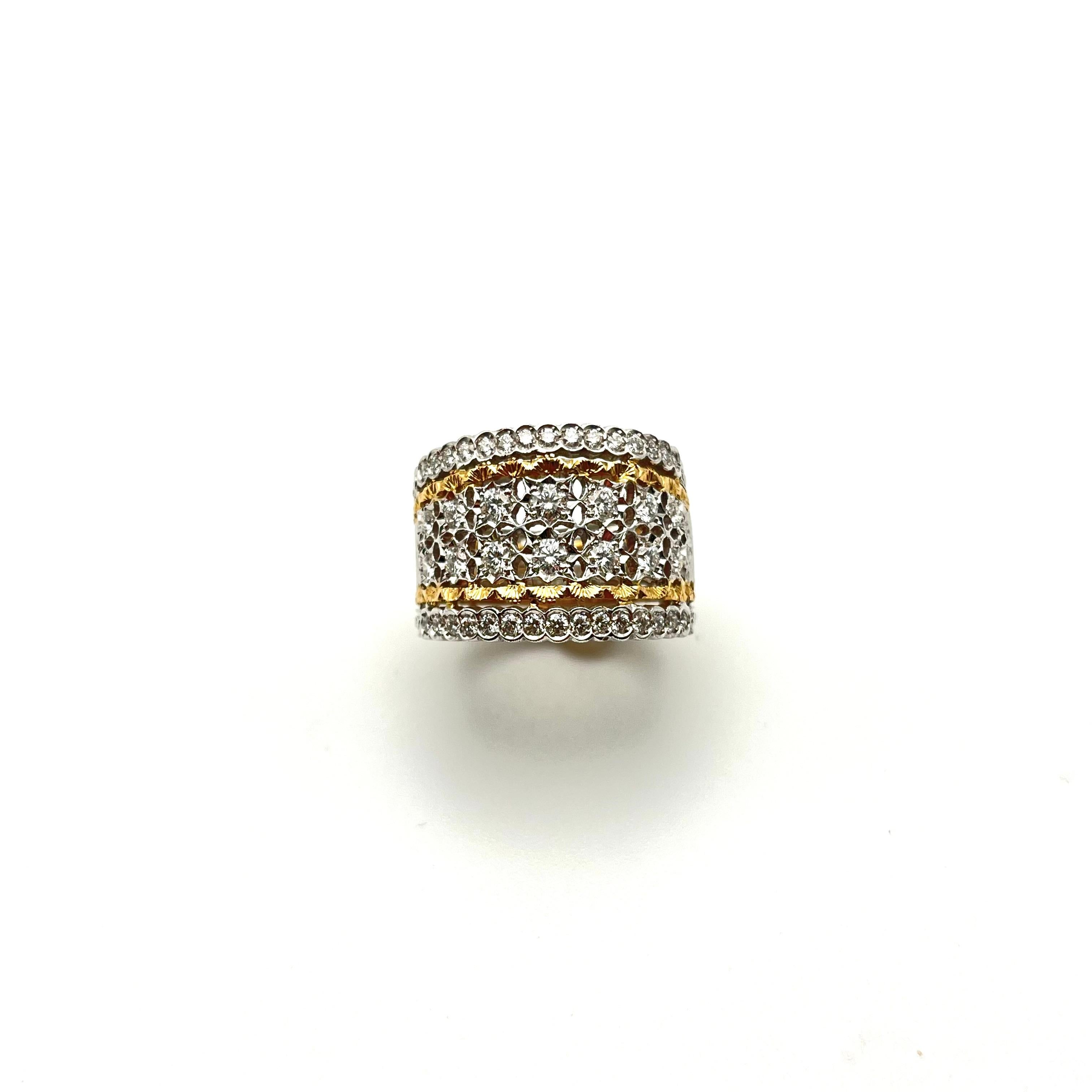 18 Karat Florentine Gravierter Diamant-Gitterring Damen