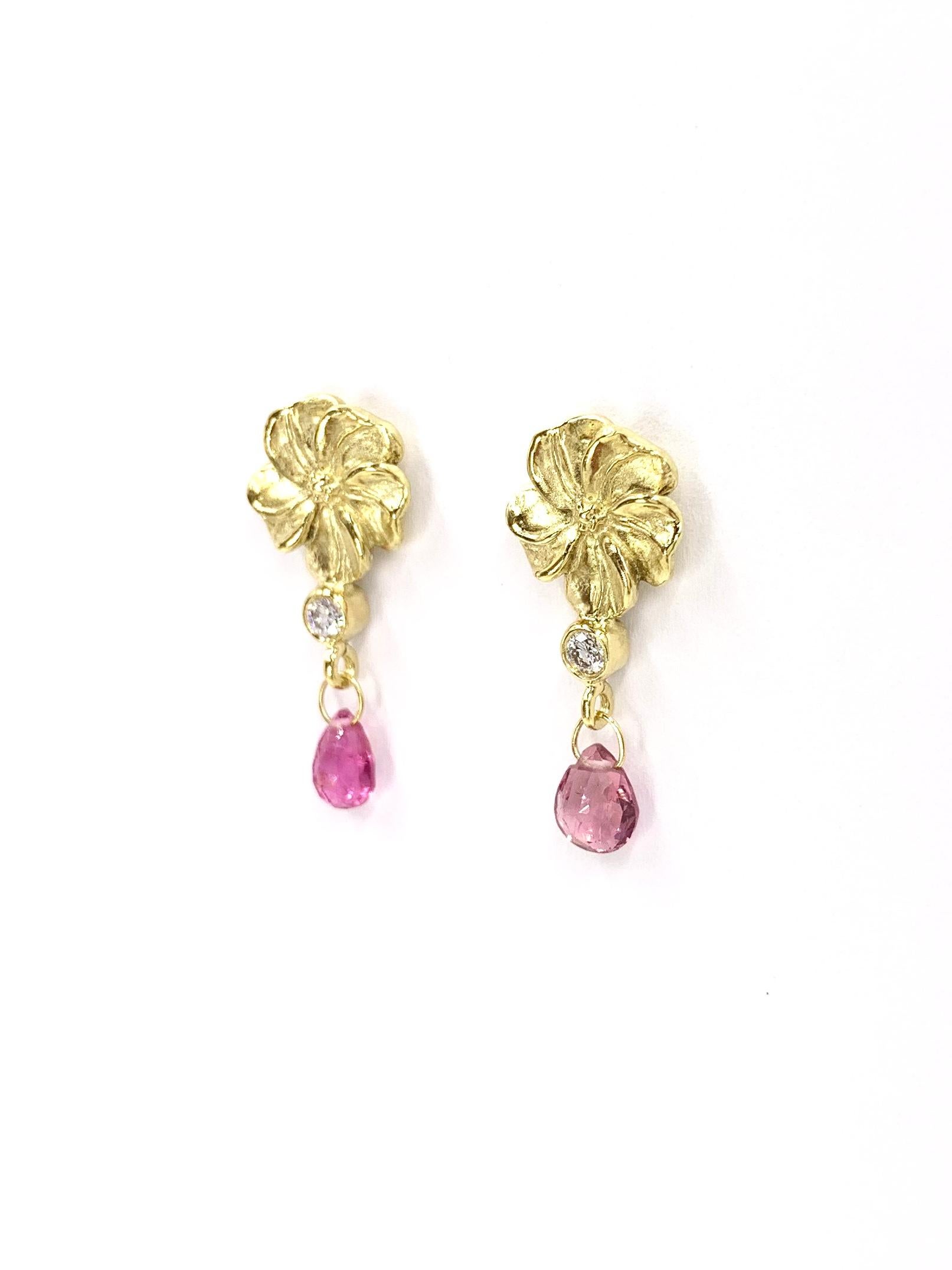 Briolette Cut 18 Karat Flower Drop Earrings with Diamonds and Pink Tourmalines