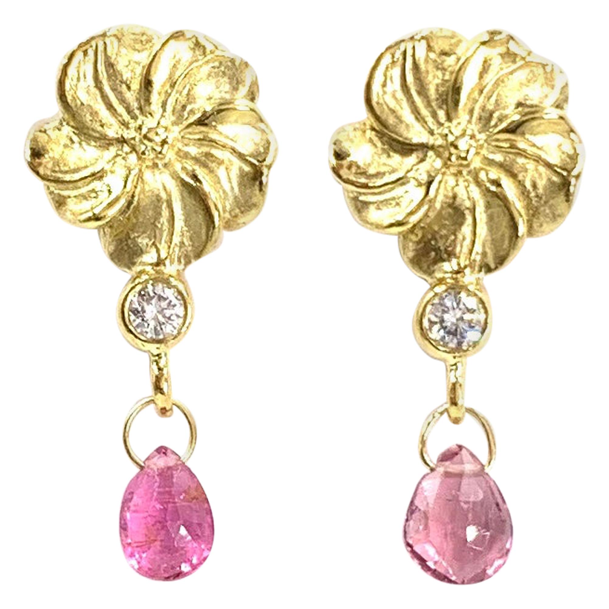 18 Karat Flower Drop Earrings with Diamonds and Pink Tourmalines