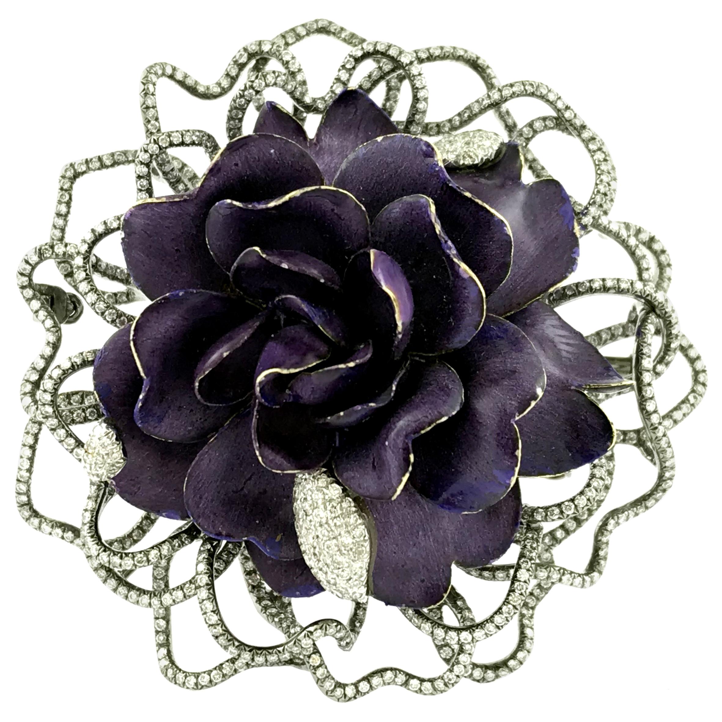 18kt Enamel Flower Diamond Brooch For Sale