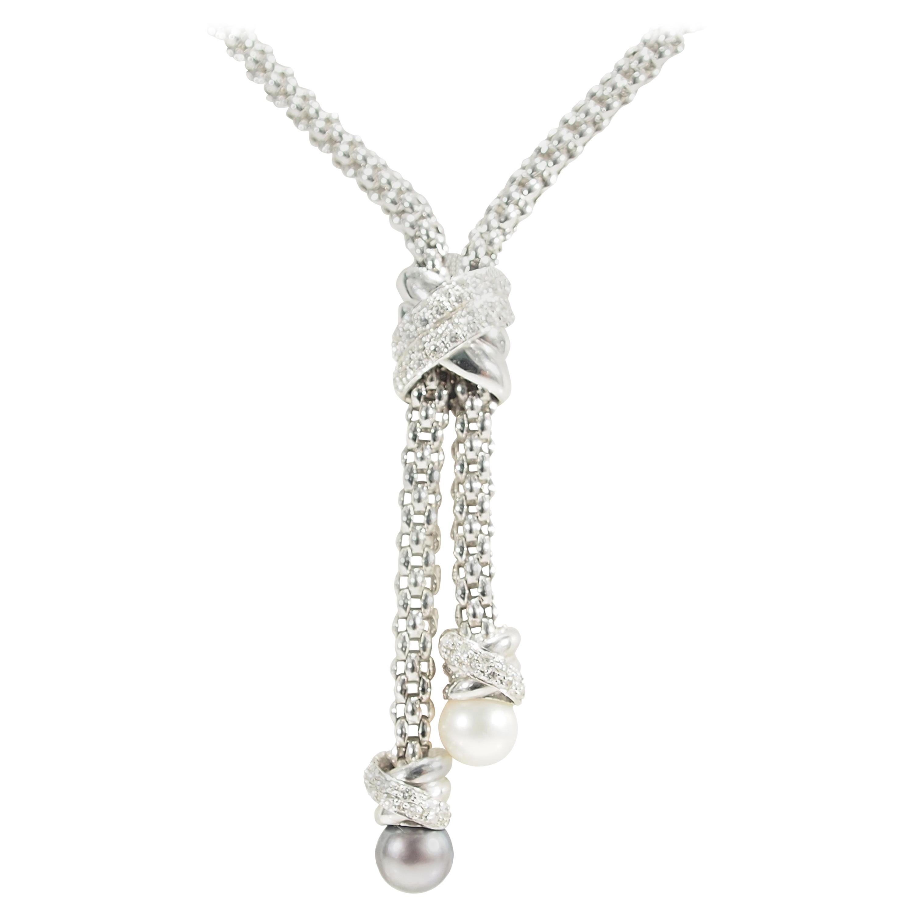 18 Karat Fope Diamond Pearl Necklace White Gold Lariat Tahitian Cultured Pearl