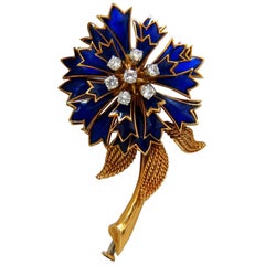 18 Karat France Floral Form Rotary Blue Petal Diamonds Pin Unusual