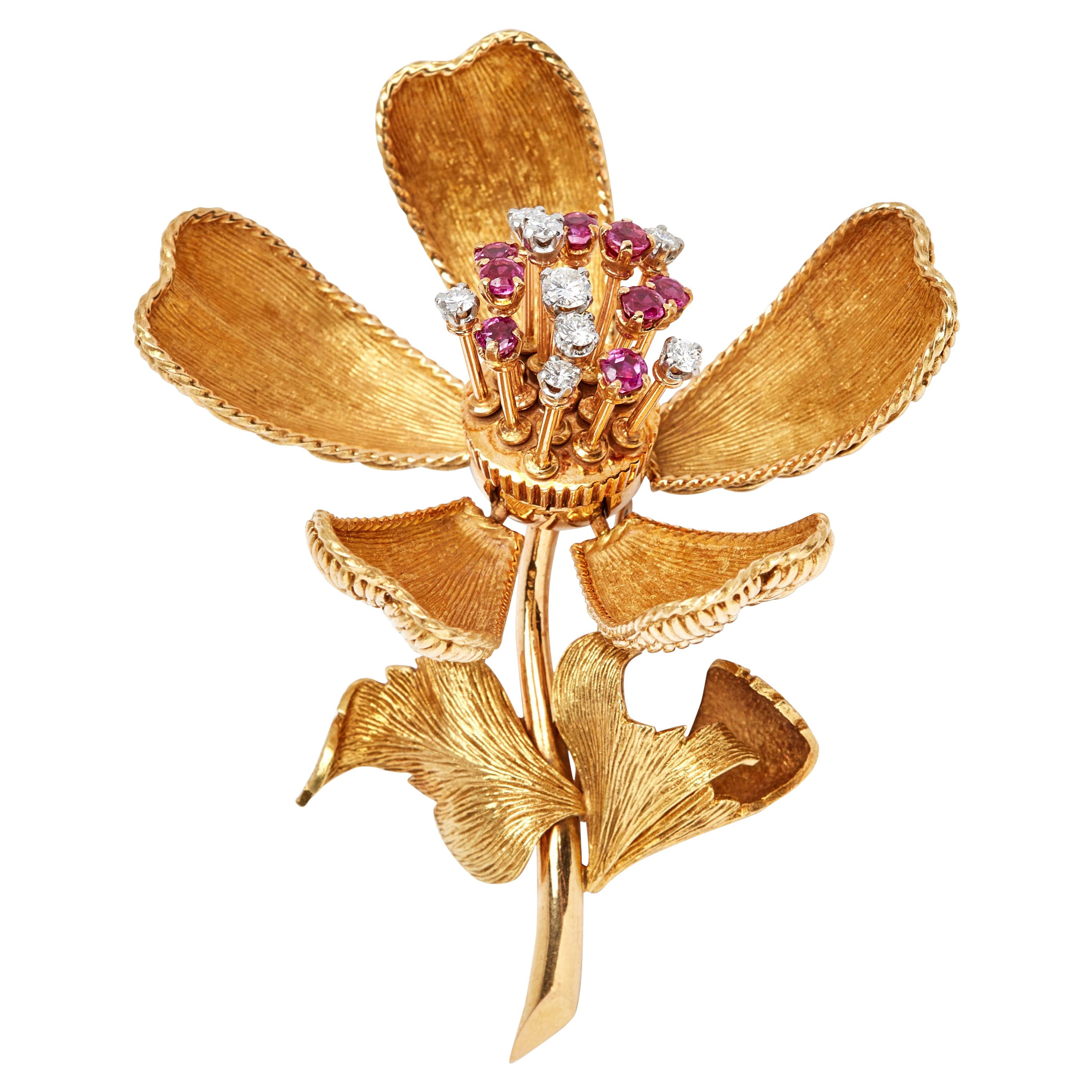 18 Karat French Orchid Diamond Ruby En Tremblant Brooch