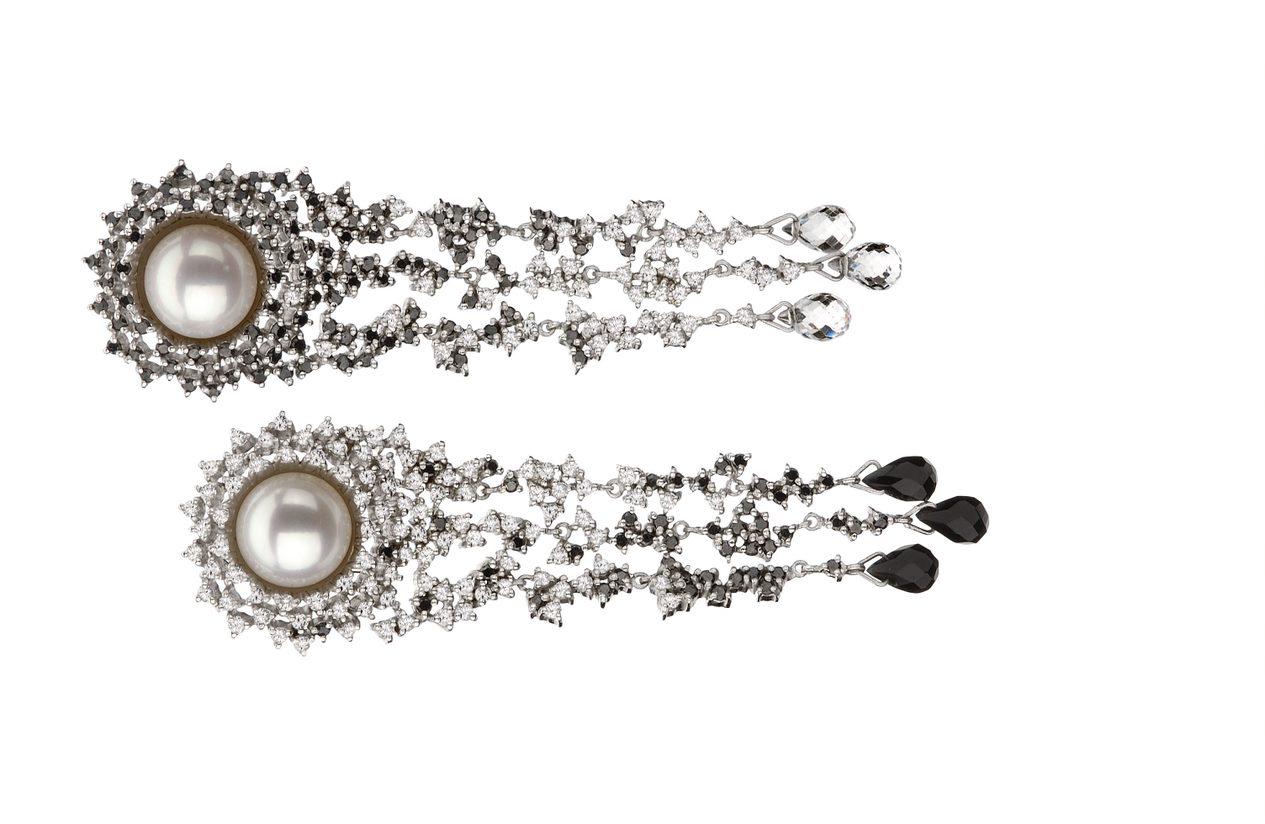 Contemporary 18 Karat Gala White Gold Earring with Vs Gh Diamonds and White Pearl and Black For Sale