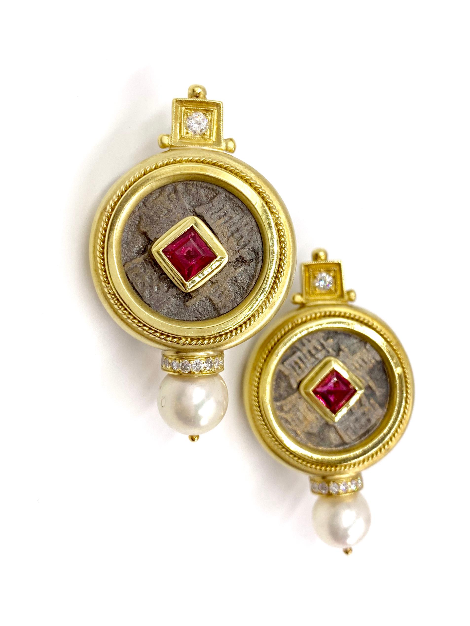 Hand made large 18 karat yellow gold Greek revival designed earrings featuring a bronzed coin with a princess cut tourmaline center, round diamond accents and a single 9mm white cultured pearl drop. Total diamond weight is approximately .26 carats