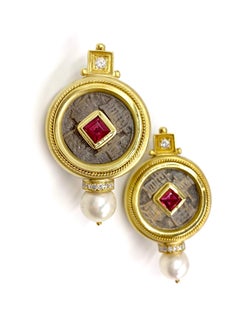 18 Karat Gemstone and Diamond Coin Earrings