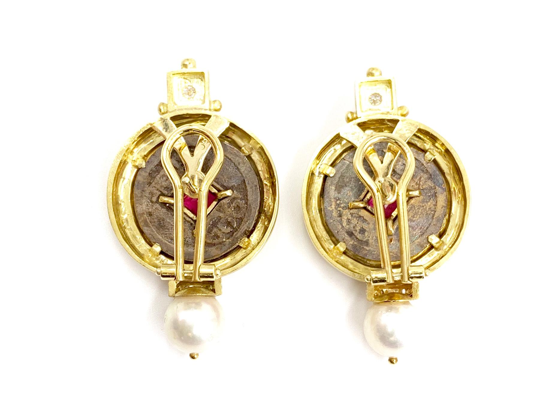 Greek Revival 18 Karat Gemstone and Diamond Coin Earrings For Sale