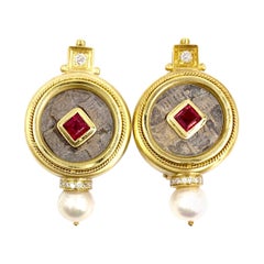 18 Karat Gemstone and Diamond Coin Earrings