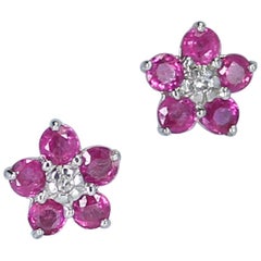 Genuine Ruby and Diamond Floral Cluster Flower Stud Earrings in 18 Karat Gold