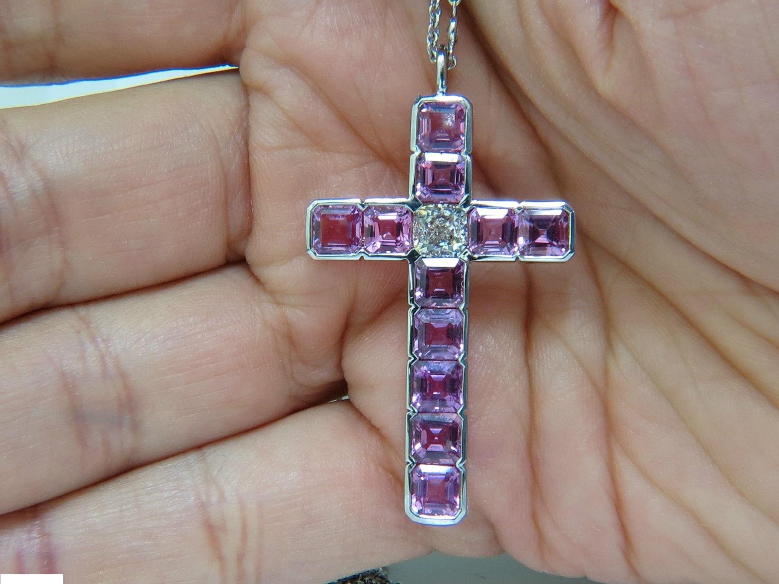 18 Karat GIA 10.41 Carat Natural Pink Sapphire Diamond Cross Pendant Necklace For Sale 3