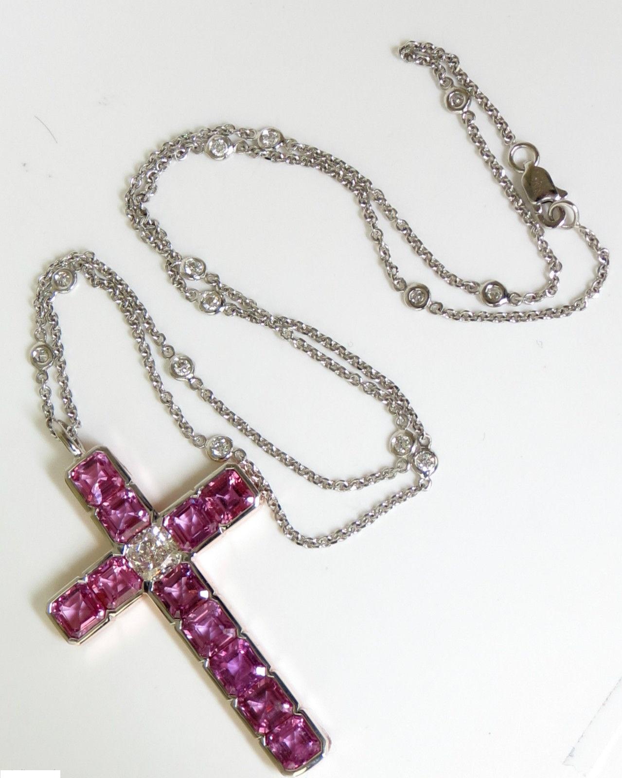 18 Karat GIA 10.41 Carat Natural Pink Sapphire Diamond Cross Pendant Necklace For Sale 4