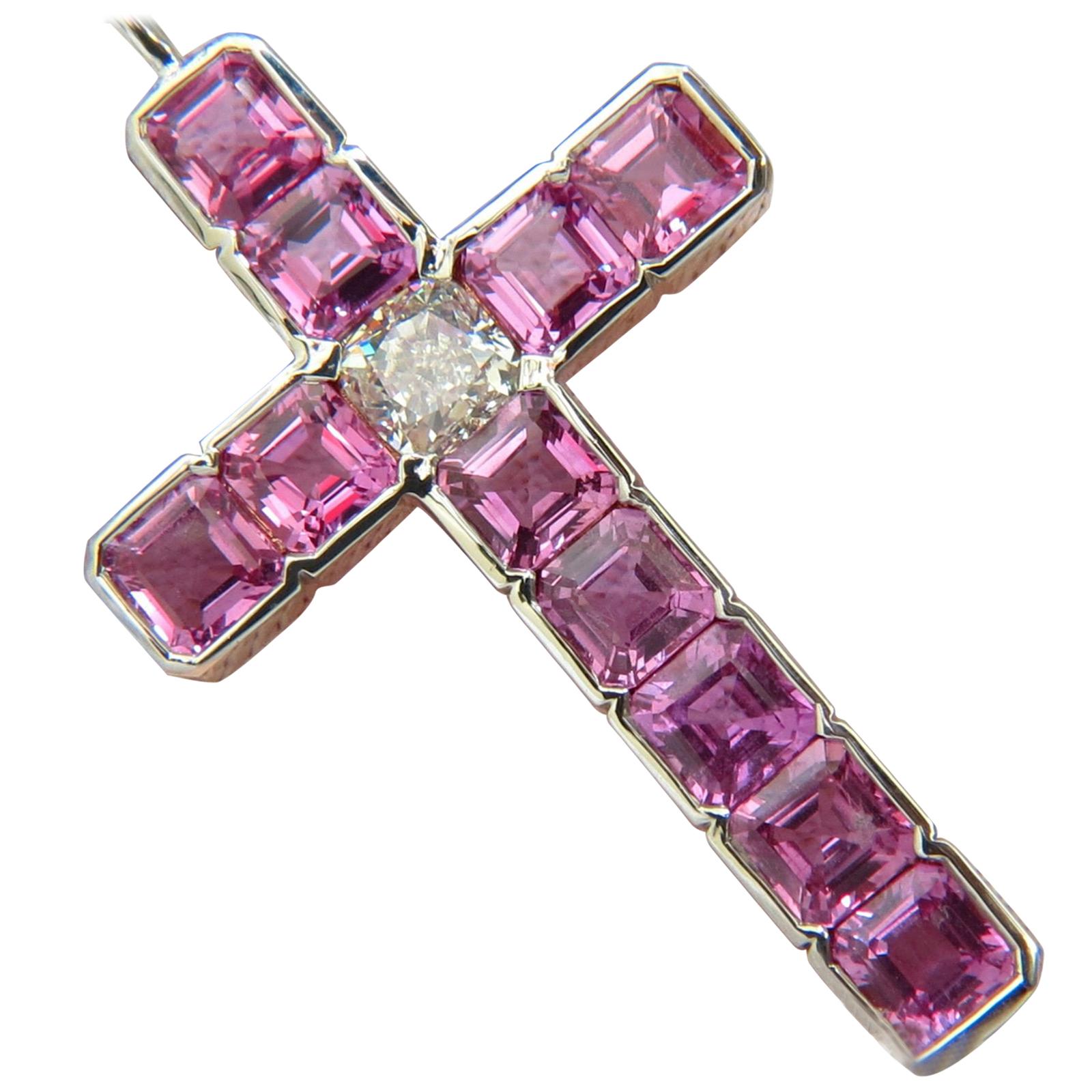 18 Karat GIA 10.41 Carat Natural Pink Sapphire Diamond Cross Pendant Necklace For Sale