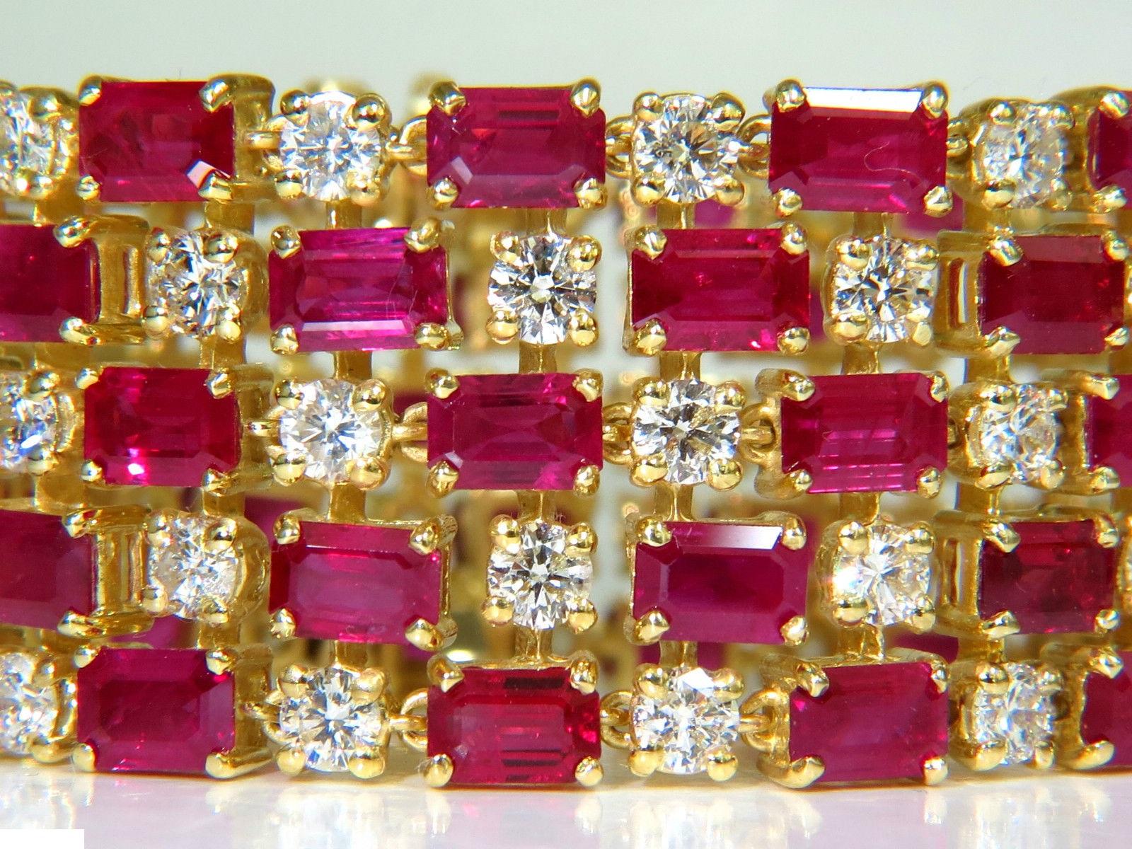 Tennis Cuff Glamour... 



 43.00ct. Natural Rubies

Full Faceted Emerald cuts

Excellent Clarity and Vivid red.

Excellent transparency and blood colors

Perfect calibers and color match

Rubies range average 6X4mm.



12.25Ct.