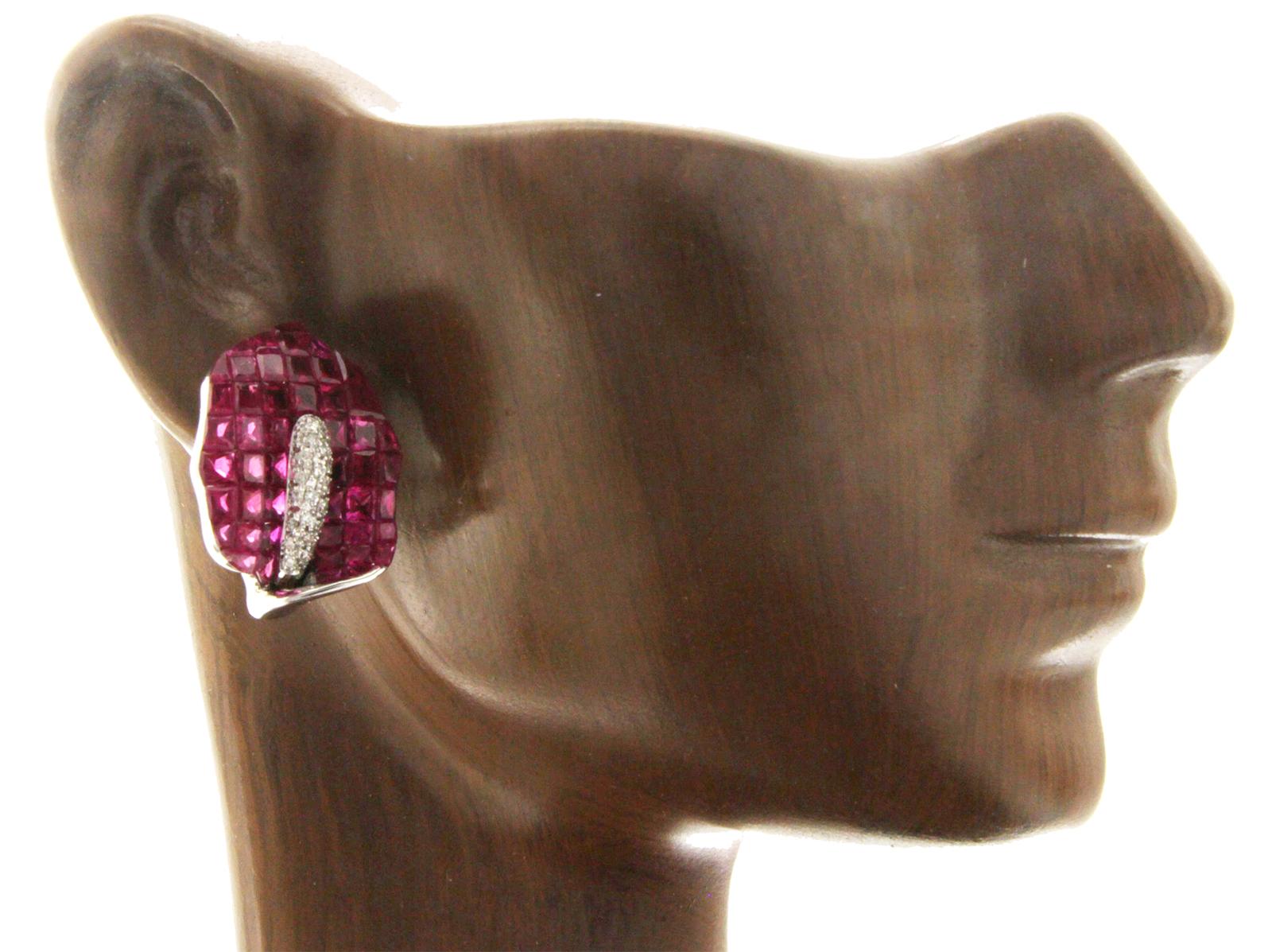 Women's 18 Karat Gold 0.09 Carat Diamonds and Invisible 12.67 Carat Ruby Flower Earrings For Sale