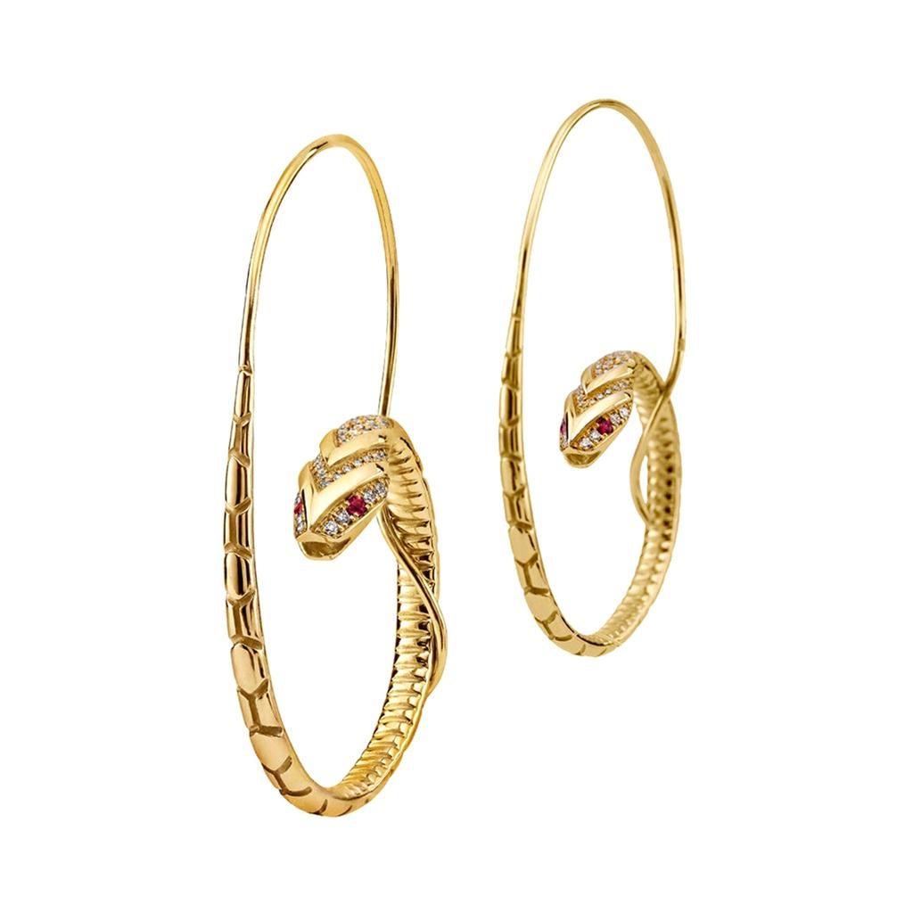 18 Karat Gold, 0.10 Carat Sapphire and 0.34 Carat Diamond Snake Hoop Earrings For Sale