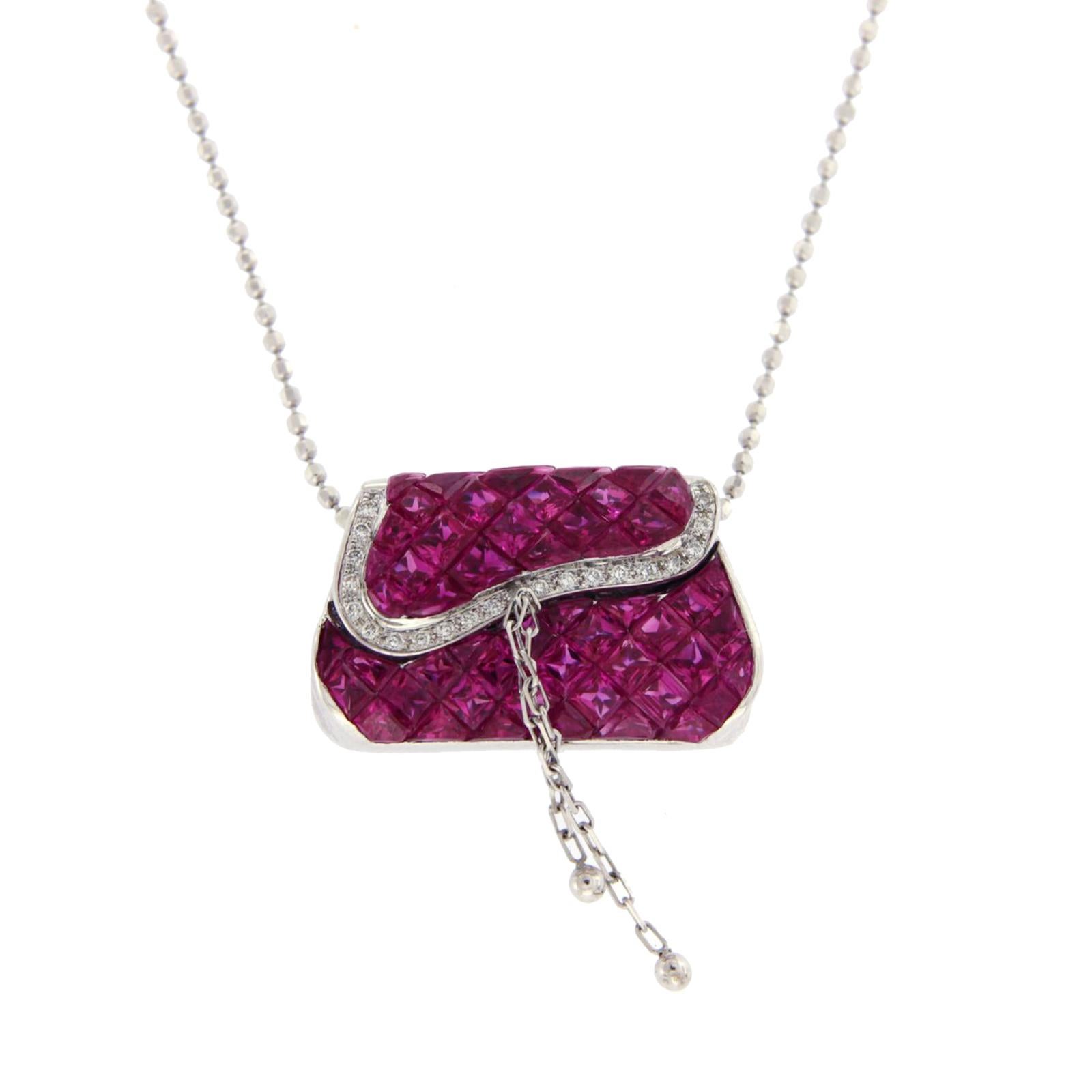 Women's 18 Karat Gold 0.11 Carat Diamonds 606 Carat Invisible Set Ruby Purse Necklace