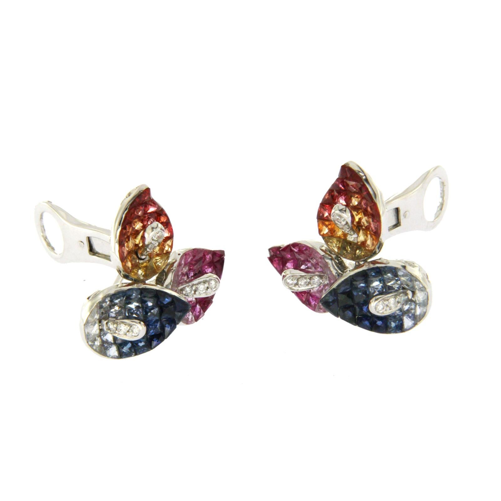 Women's 18 Karat Gold 0.20 Carat Diamonds and 17.40 Carat Multi Sapphire Flower Earrings For Sale