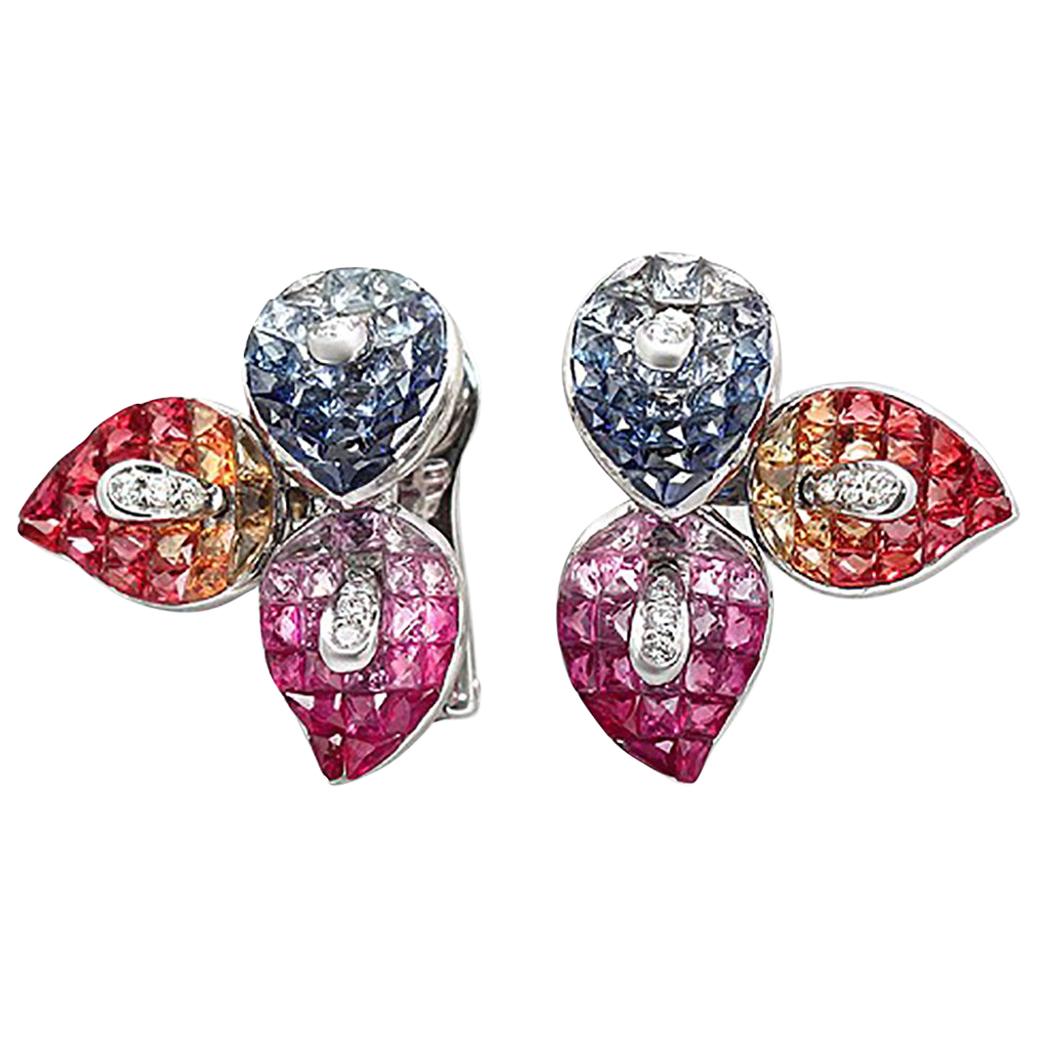 18 Karat Gold 0.20 Carat Diamonds and 17.40 Carat Multi Sapphire Flower Earrings For Sale
