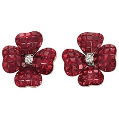 18 Karat Gold 0.20 Carat Diamonds and Invisible 14.13 Carat Ruby Flower Earrings