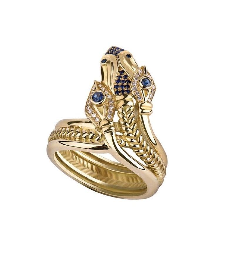 For Sale:  18 Karat Gold, 0.20 Carat Ruby, Sapphire and Diamond Three-Headed Snake Ring 3