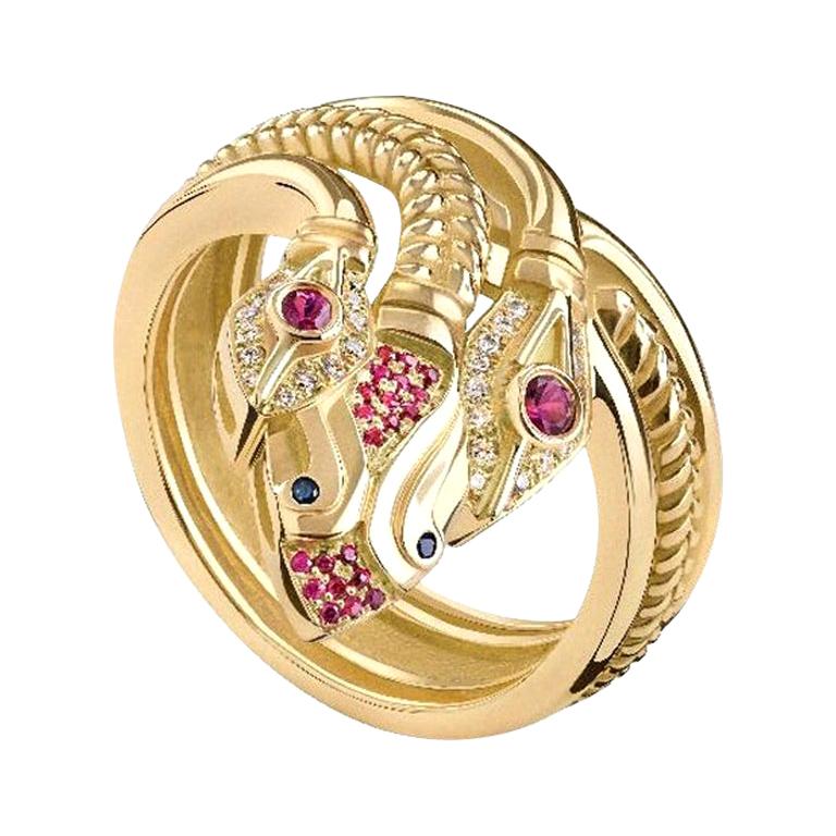 For Sale:  18 Karat Gold, 0.20 Carat Ruby, Sapphire and Diamond Three-Headed Snake Ring