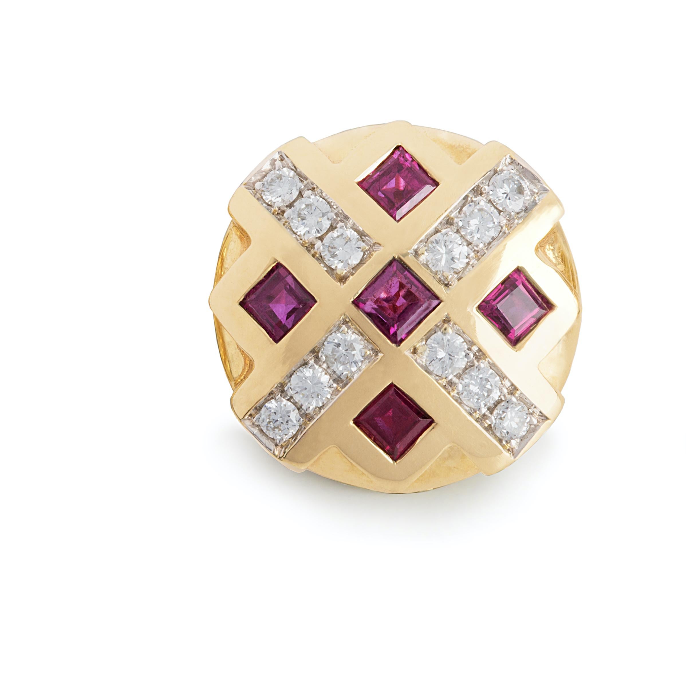 Art Deco Rossella Ugolini Ruby Diamonds 18K Yellow Gold Chess Clip-On Earrings For Sale