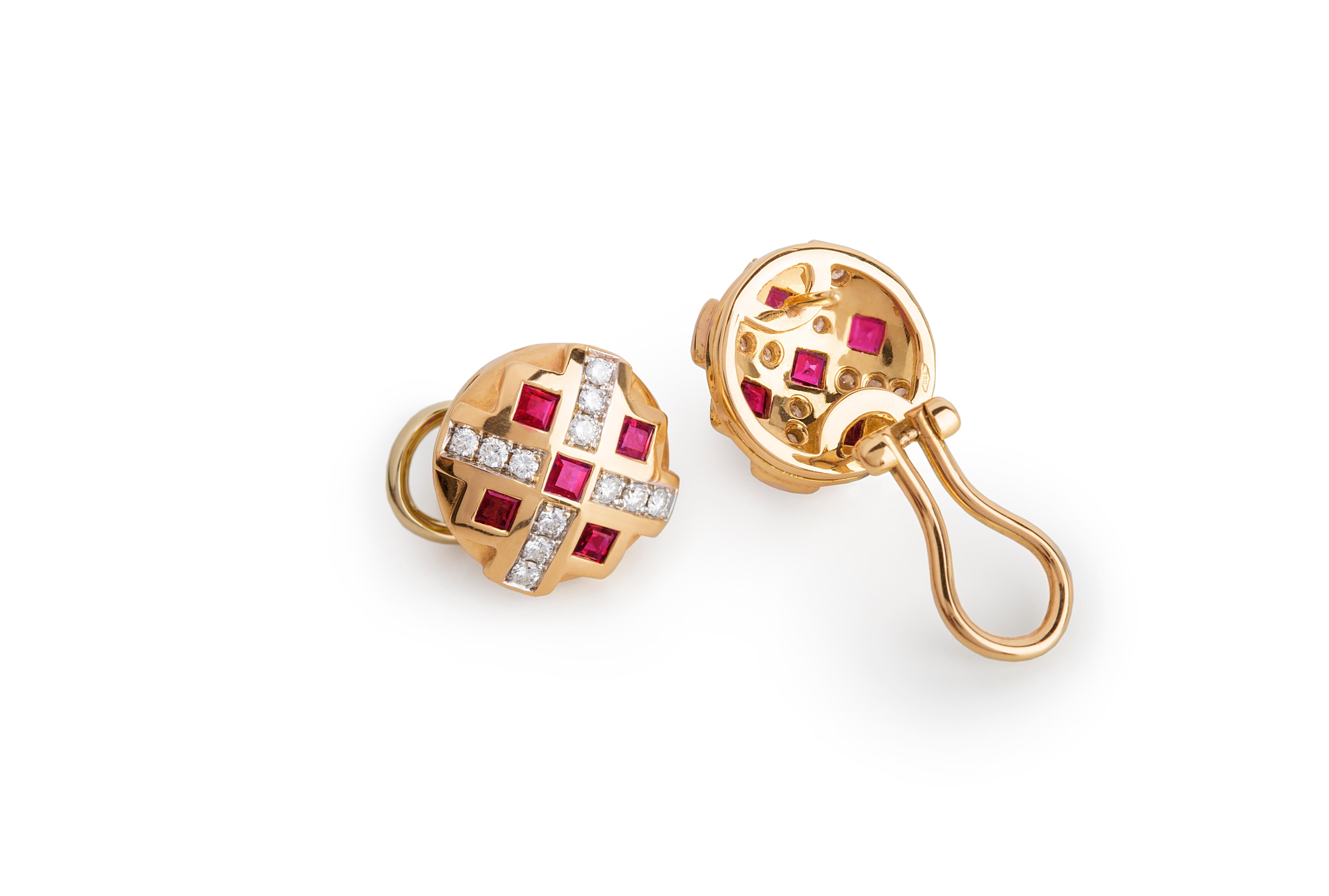 Rossella Ugolini Ruby Diamonds 18K Yellow Gold Chess Clip-On Earrings In New Condition For Sale In Rome, IT