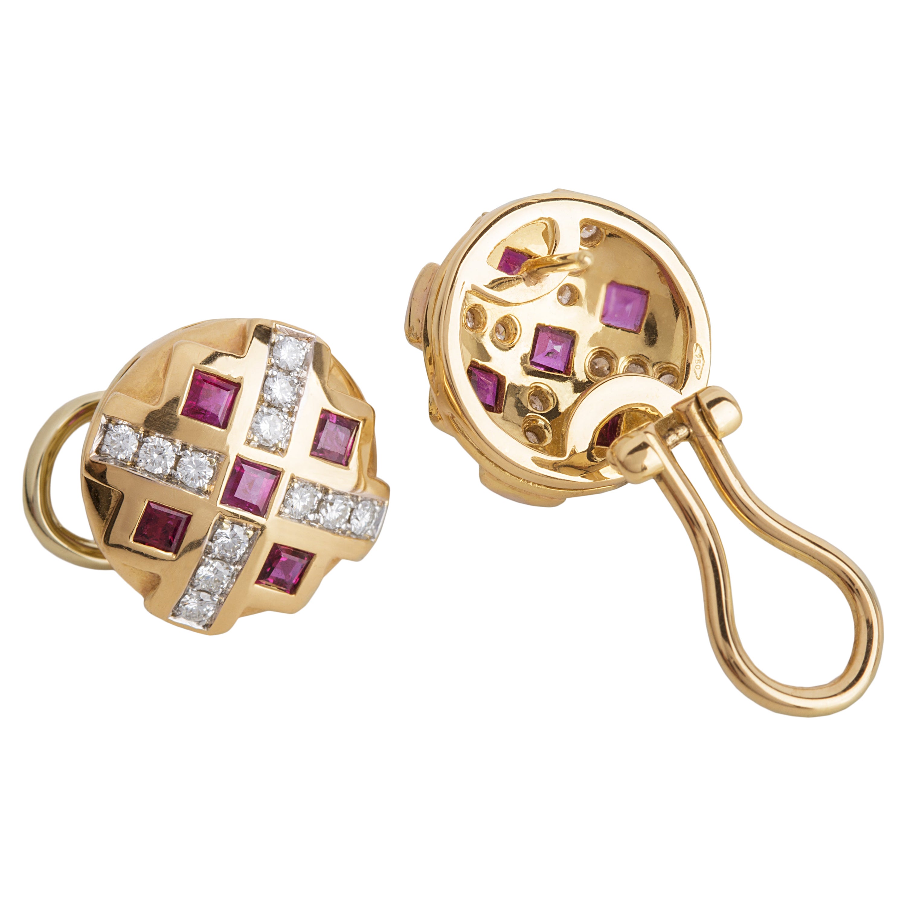 Rossella Ugolini Ruby Diamonds 18K Yellow Gold Chess Clip-On Earrings For Sale