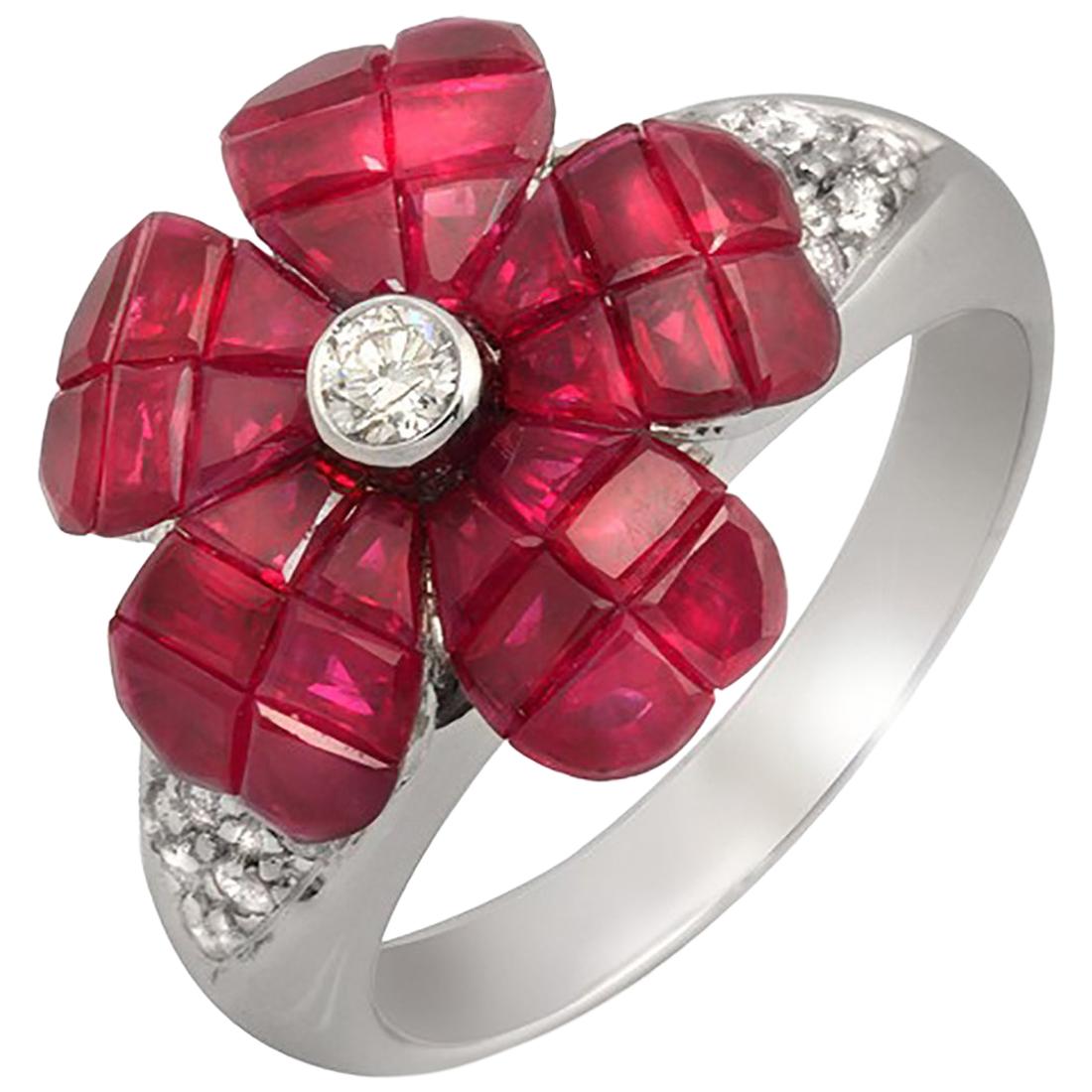 18 Karat Gold 0.29 Carat Diamonds and Invisible 6.85 Carat Ruby Flower Ring For Sale