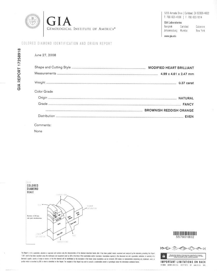  GIA Certified 0.37 Carat Fancy REDDISH ORANGE Color Heart Shape 18K In New Condition For Sale In Great Neck, NY
