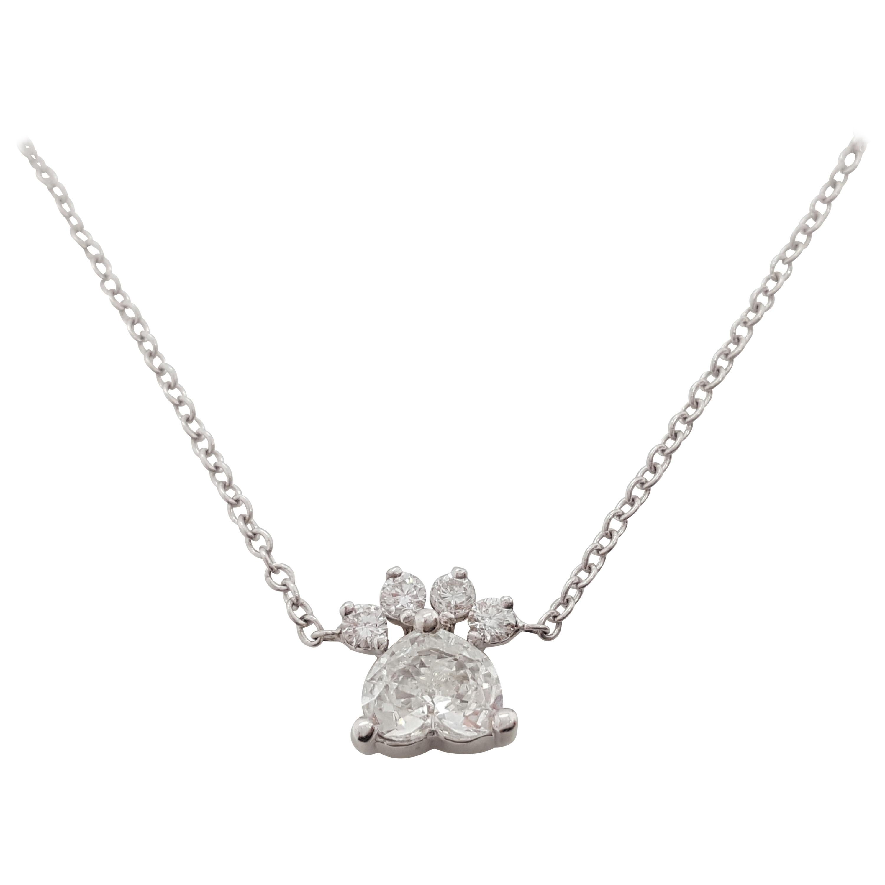 18 Karat Gold 0.43 Carat Heart and Round Cut Diamond Dog Paw Pendant Necklace