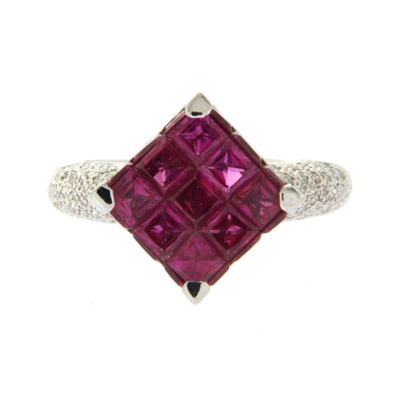 18 Karat Gold 0.45 Carat Diamonds and Invisible 5.05 Carat Ruby Square ...