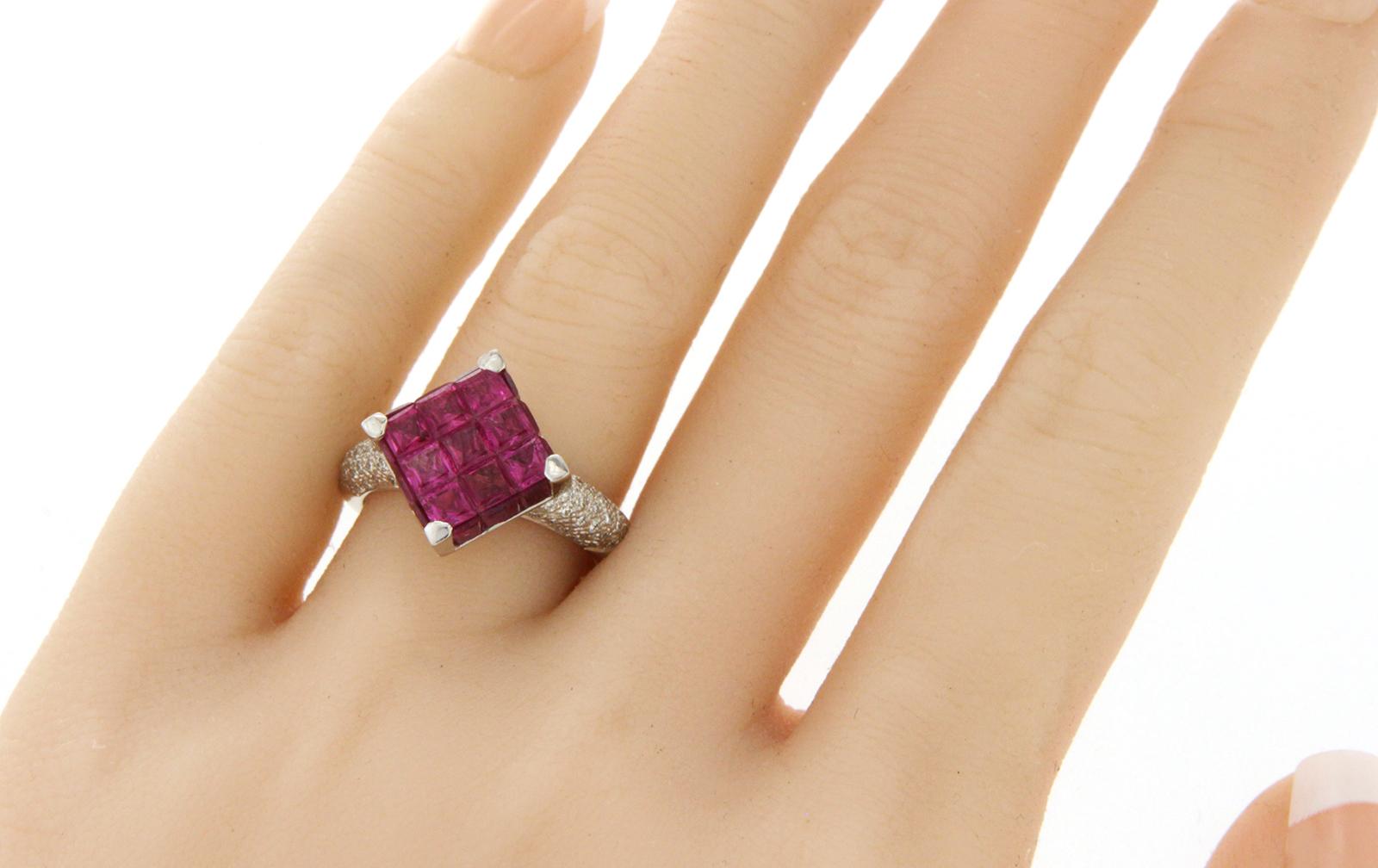 Women's 18 Karat Gold 0.45 Carat Diamonds and Invisible 5.05 Carat Ruby Square Ring For Sale