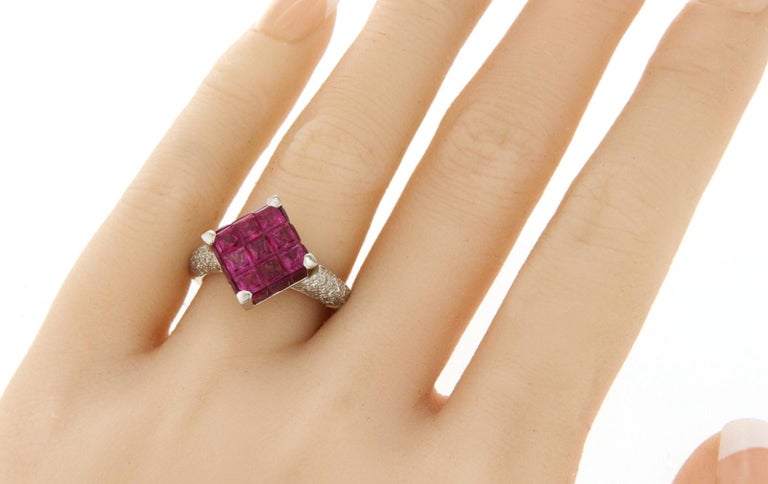 18 Karat Gold 0.45 Carat Diamonds and Invisible 5.05 Carat Ruby Square ...