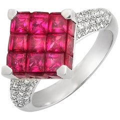 18 Karat Gold 0.45 Carat Diamonds and Invisible 5.05 Carat Ruby Square Ring