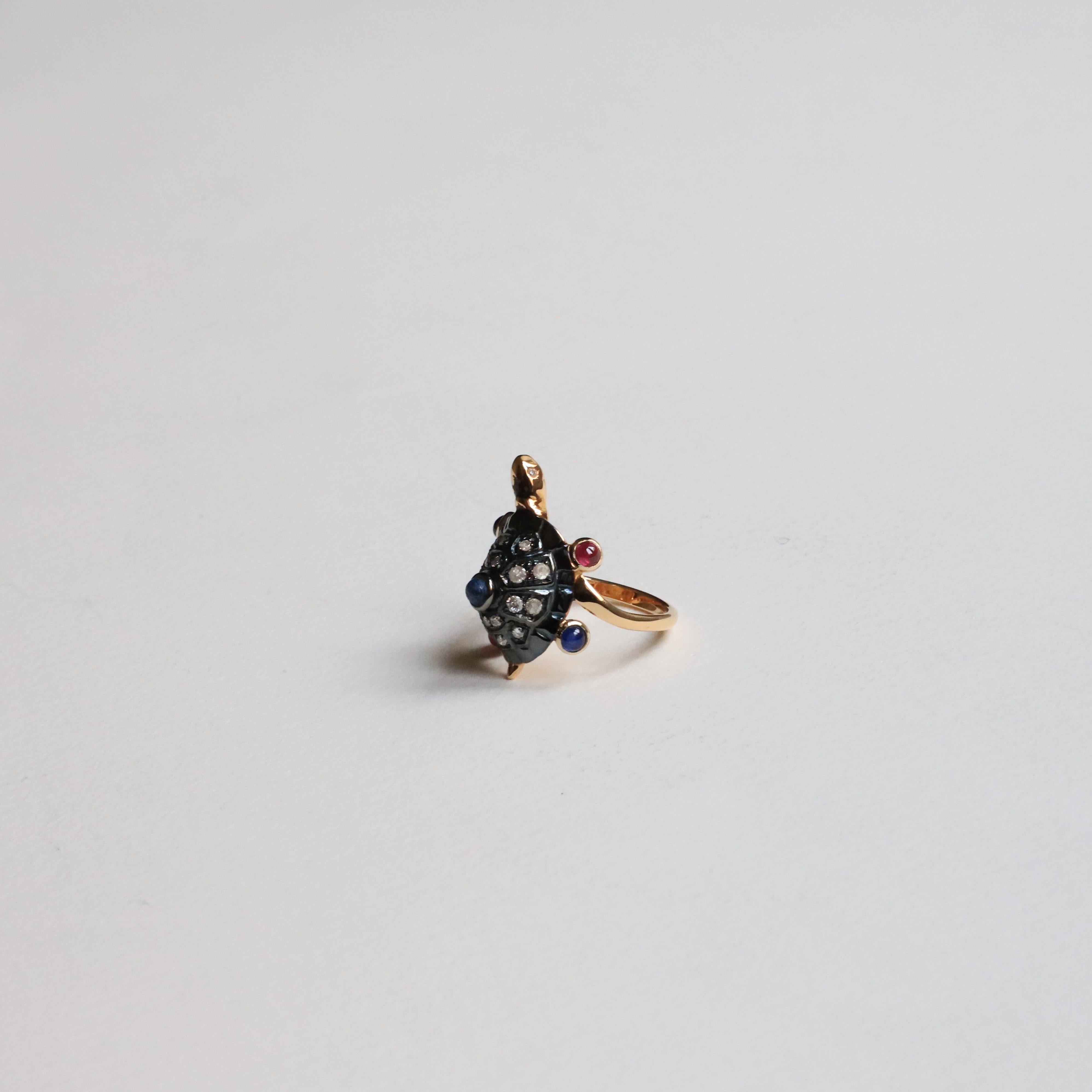Rossella Ugolini Turtle Cocktail Ring Handcrafted with Sapphires Ruby Diamonds For Sale 5