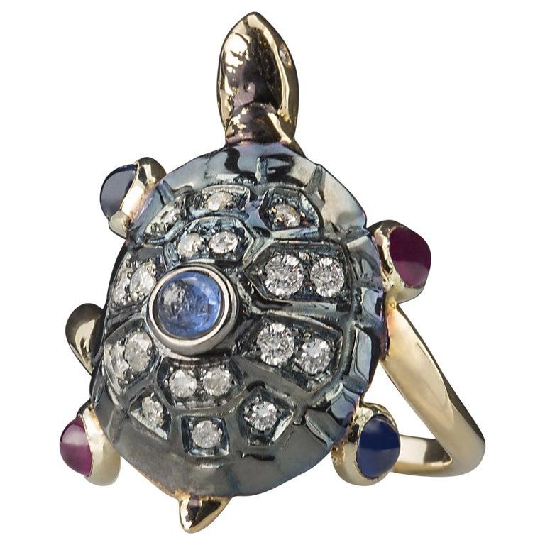 Rossella Ugolini Turtle Cocktail Ring Handcrafted with Sapphires Ruby Diamonds For Sale 4