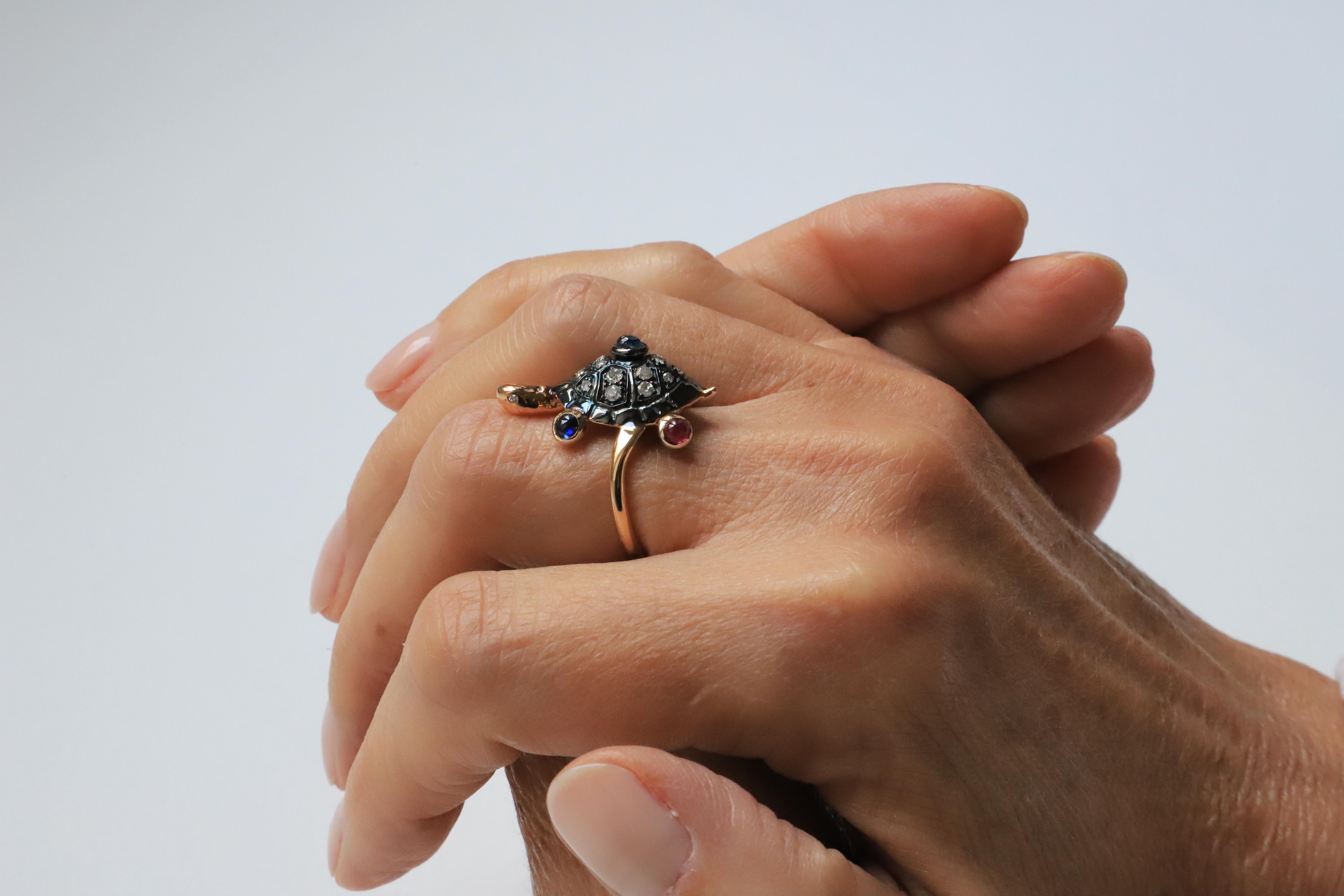 Women's or Men's Rossella Ugolini Turtle Cocktail Ring Handcrafted with Sapphires Ruby Diamonds For Sale