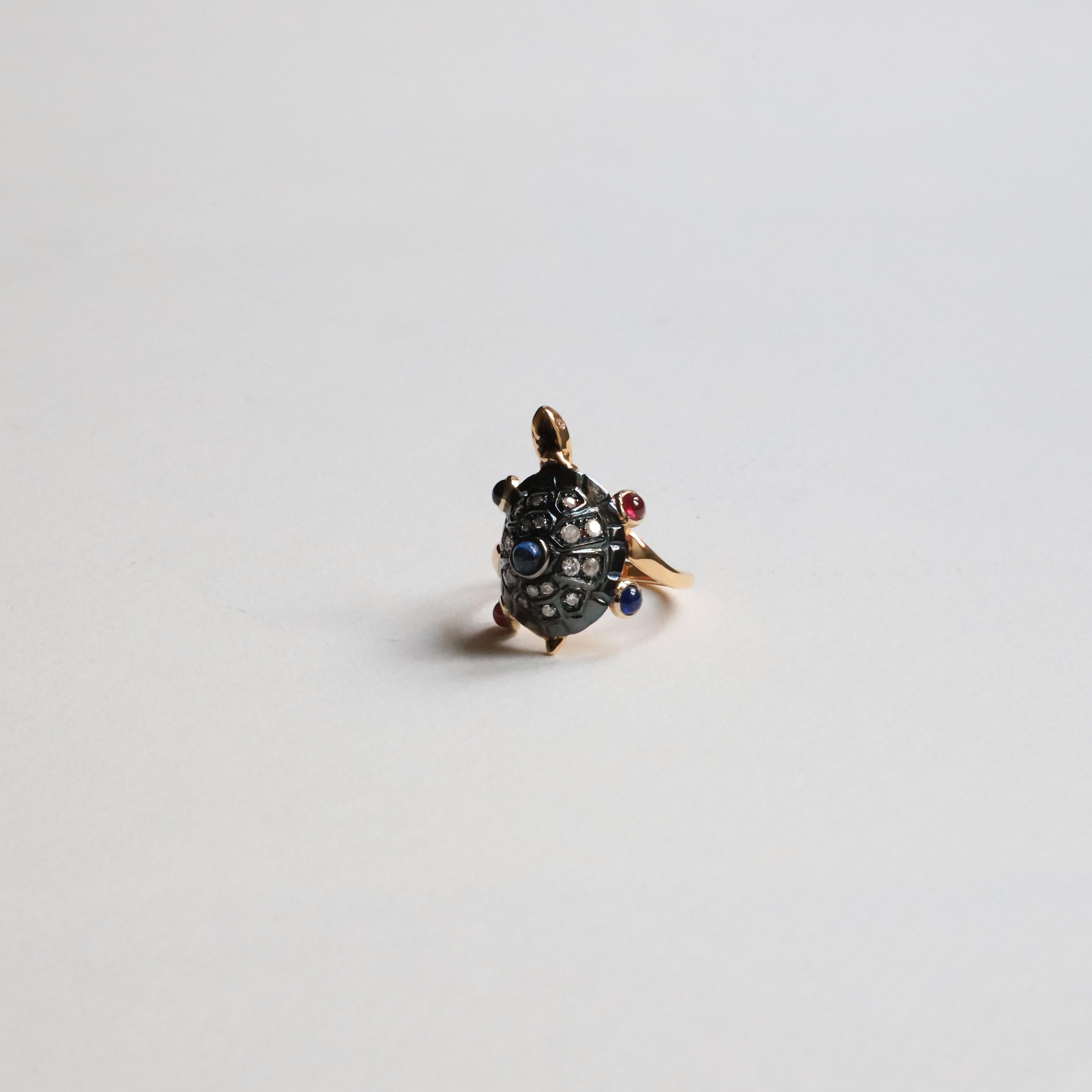 Rossella Ugolini Turtle Cocktail Ring Handcrafted with Sapphires Ruby Diamonds For Sale 3