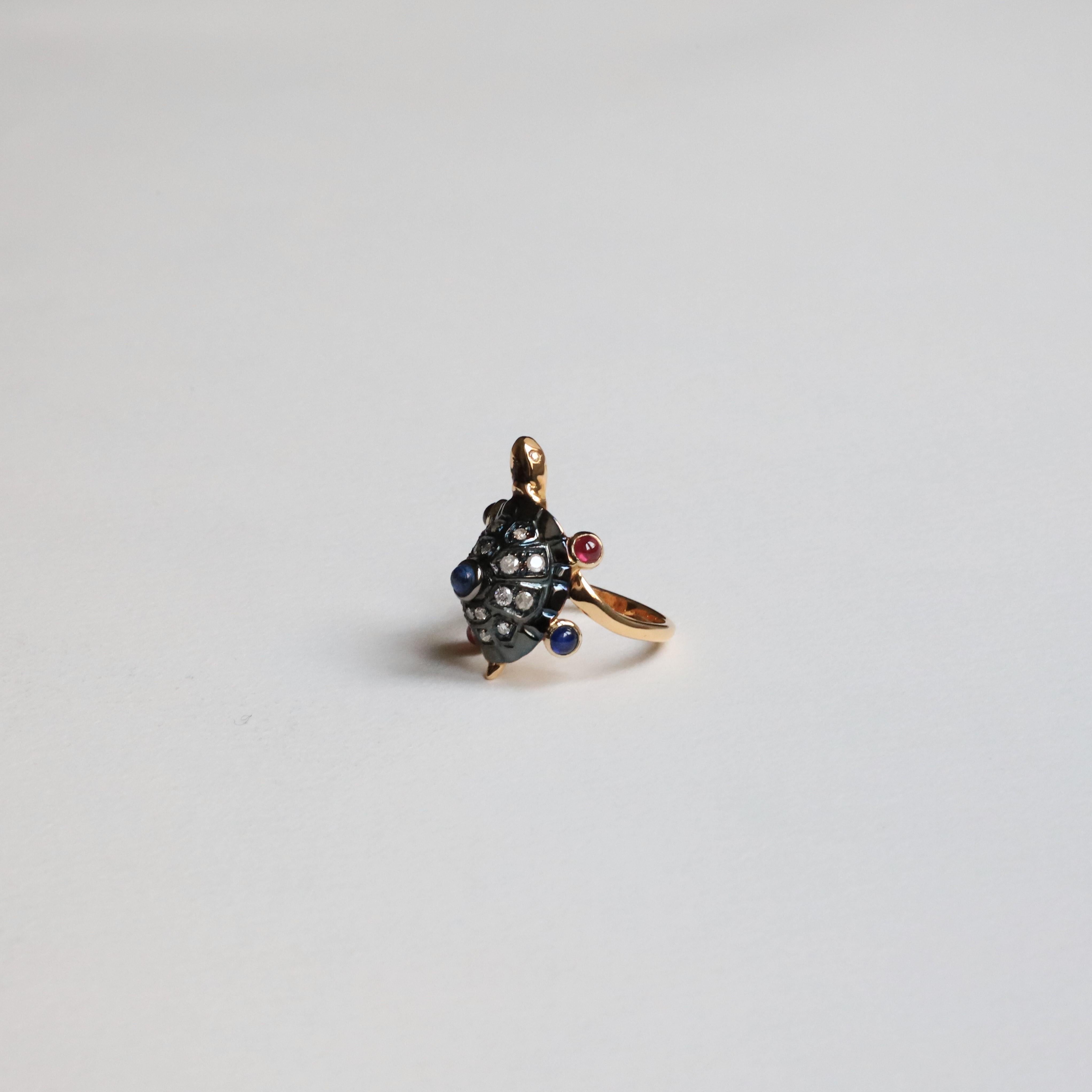 Artisan Turtle 18 Karat Gold Diamonds 0.60 Karat Sapphires 0.35 Karat Ruby Cocktail Ring For Sale