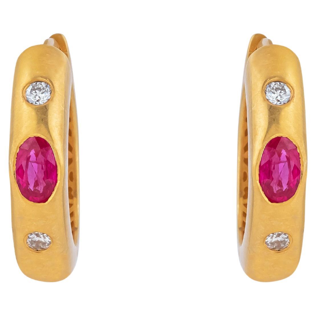 18 Karat Gold 0.69 Carat Diamond and Ruby Hoop Earrings For Sale
