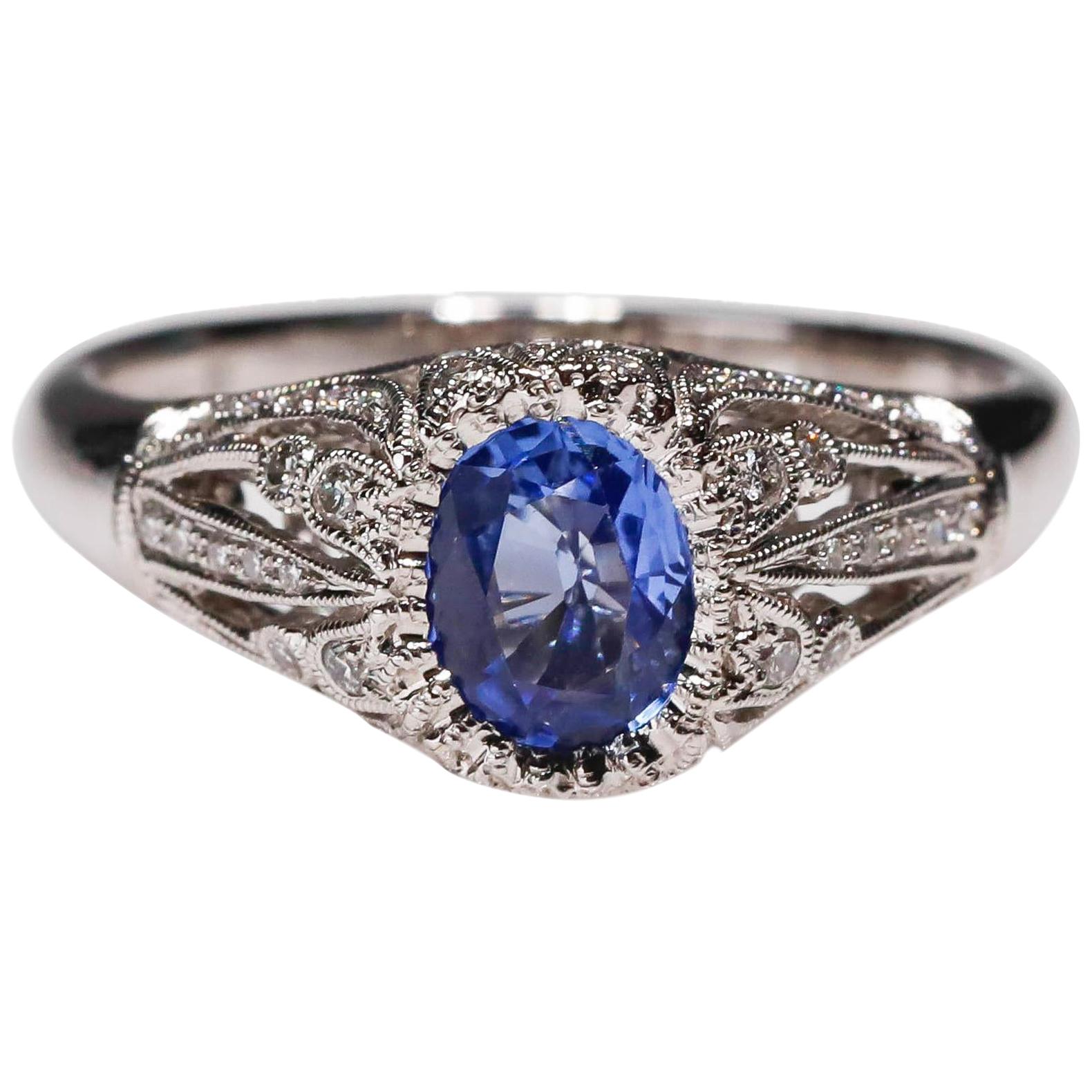 18 Karat Gold 0.77 Carat Blue Sapphire Diamond Halo Ring New Art Deco Style