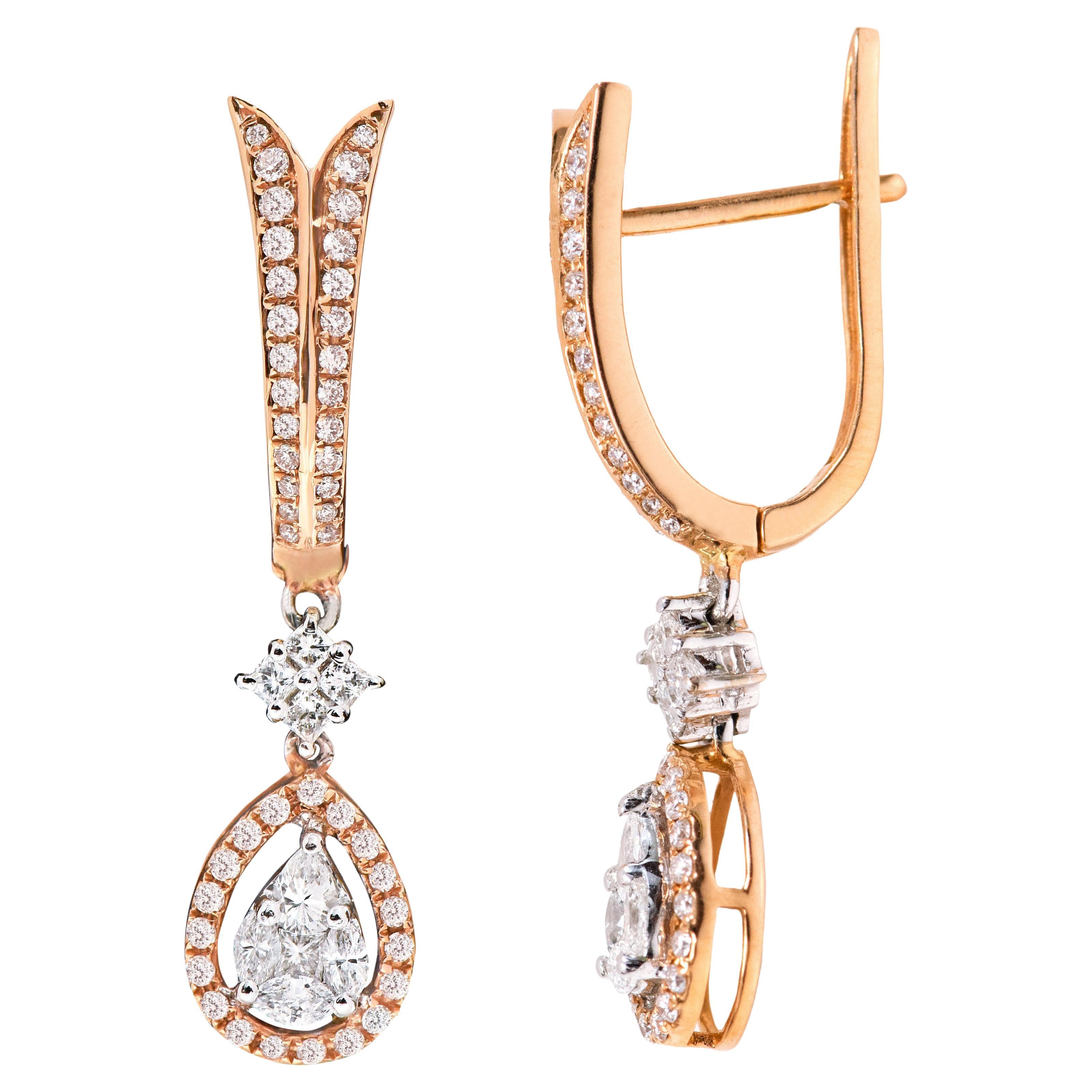 18 Karat Gold 0.79 Carat Diamond Pear Drop Earrings For Sale