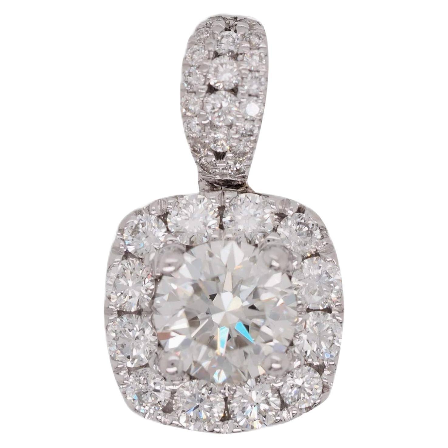 18 Karat Gold 0.81 Carat Round Brilliant Cut Diamond Halo Pendant For Sale