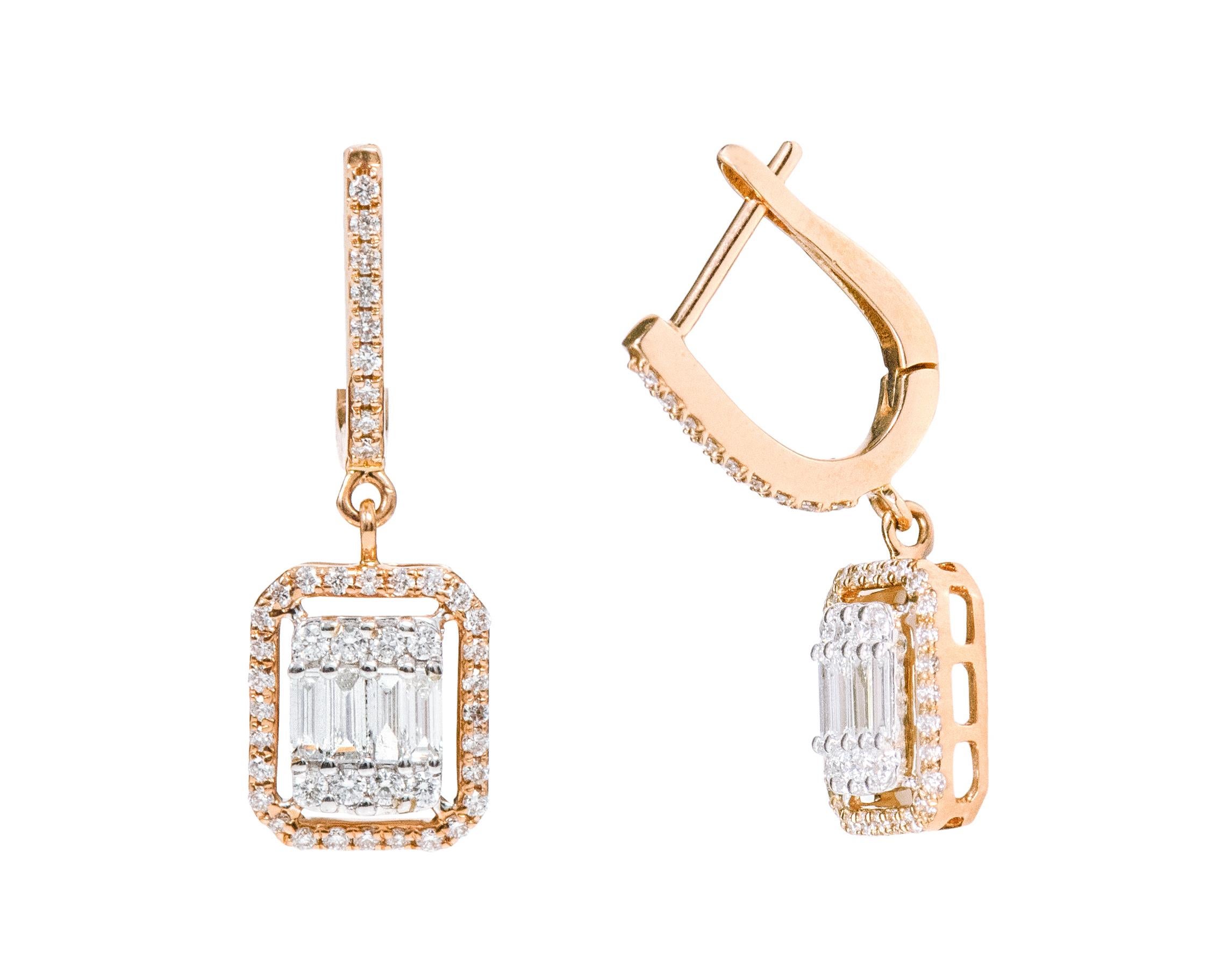 Contemporary 18 Karat Gold 0.89 Carat Diamond Dangle Drop Earrings For Sale