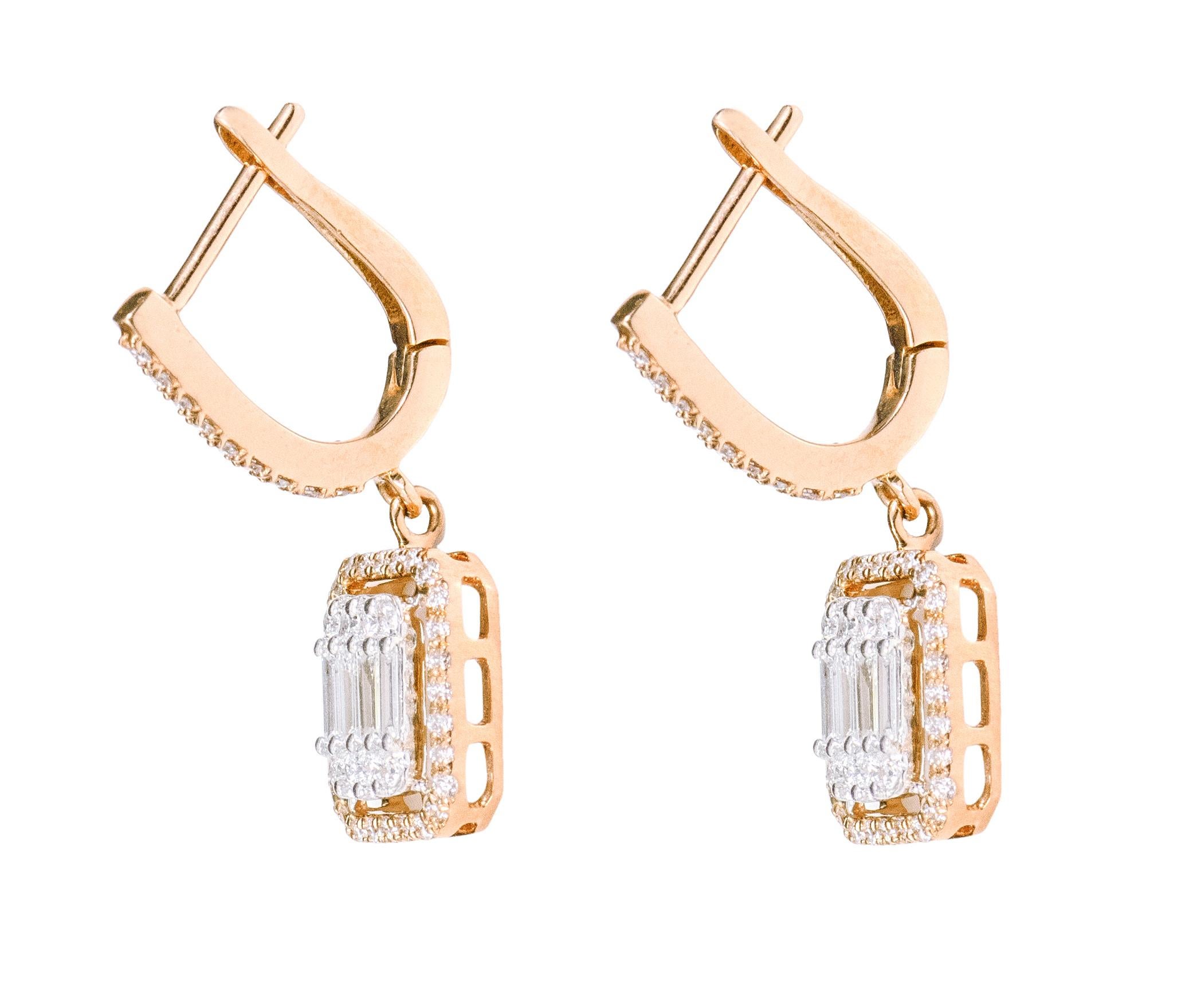 Baguette Cut 18 Karat Gold 0.89 Carat Diamond Dangle Drop Earrings For Sale