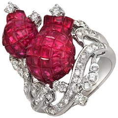 18 Karat Gold 0.92 Carat Diamonds and Invisible 11.58 Carat Ruby Tulip Ring