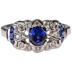 Oro 18 carati 0,93 Carati Stile Art Deco Zaffiro Blu Diamante Anello aureola