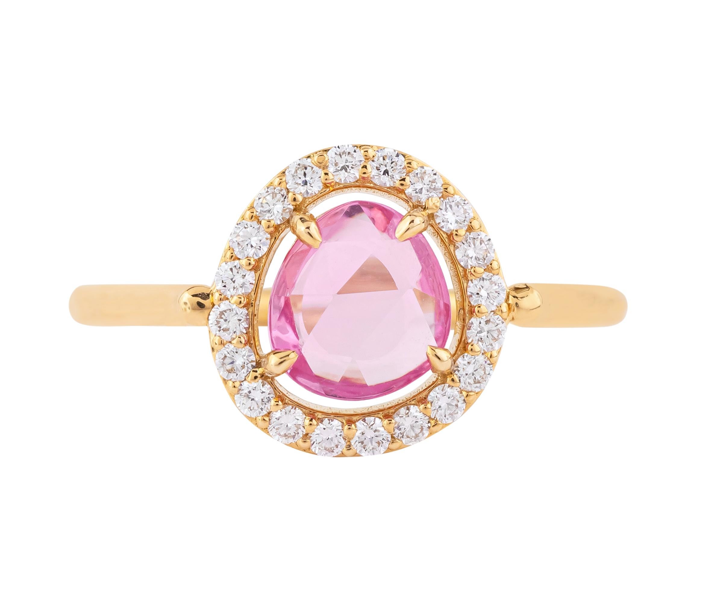 Rose Cut 18 Karat Gold 0.95 Carat Diamond and Pink Sapphire Solitaire Ring For Sale