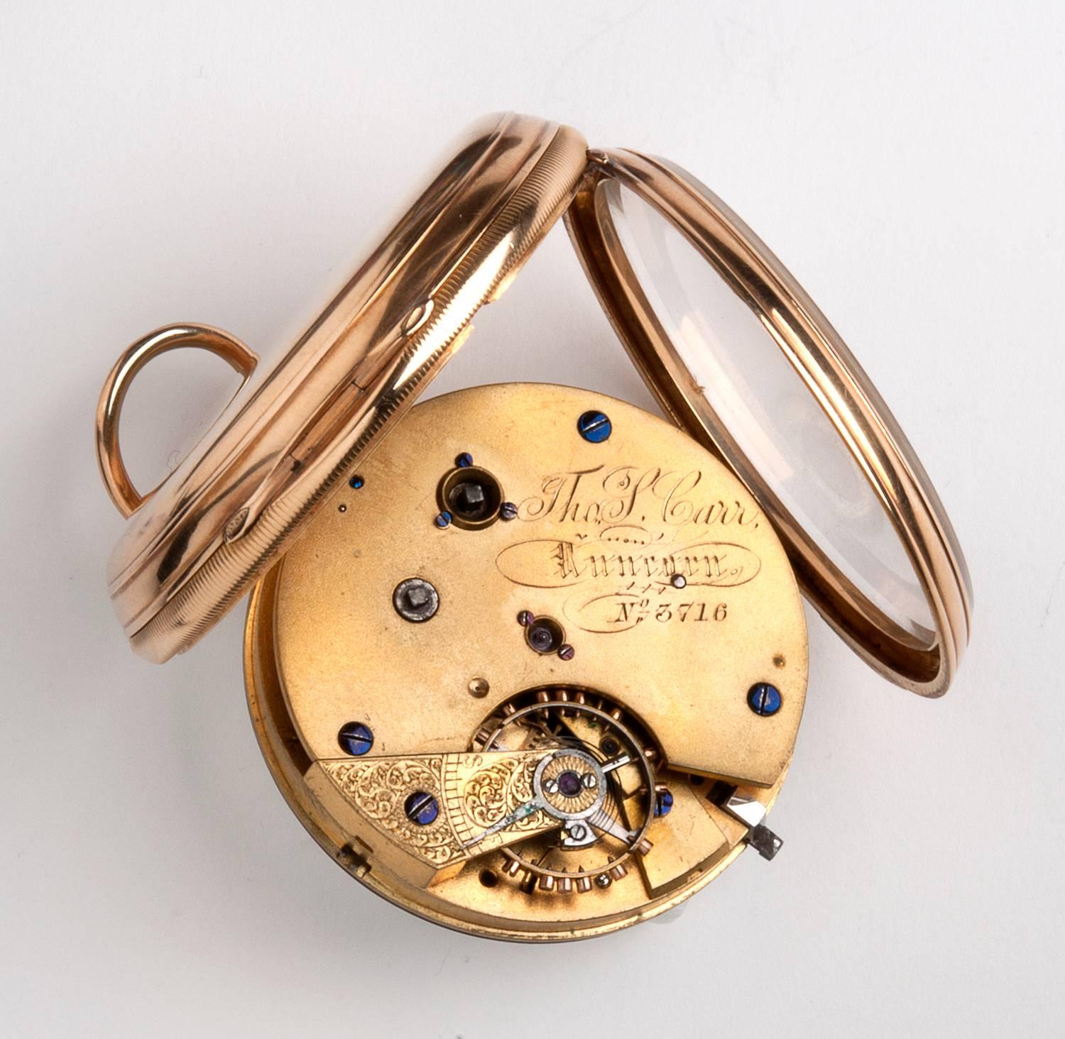 Solid 18K gold 1/5 centre seconds chronograph pocket watch - Thomas Carr, 1879-1880 London.
The white enamel dial with Roman numerals has a pair of black steel hands plus a centre chronograph hand. A slide activated and stops the movement. The watch
